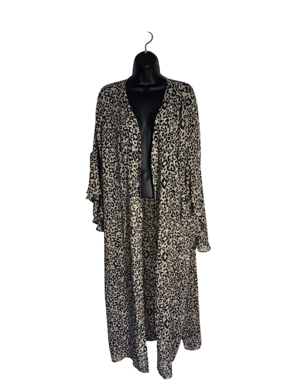 Umgee Leopard Print Open Front Duster Kimono Cardigan With Flowy Bell Sleeve L